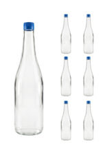 6 Adet Sızdırmaz Plastik Mavi Kapaklı Şeffaf Cam Süt Ayran Limonata Meşrubat Şişesi 1000 Ml