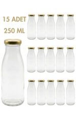 15 Adet Smoothie Şeffaf Yağdanlık Meşrubat, Limonata Şişesi Sürahi Gold Metal Kapaklı Boş Cam Şişe 250 ml