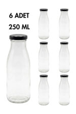 6 Adet Smoothie Şeffaf Yağdanlık Meşrubat, Limonata Şişesi Sürahi Siyah Metal Kapaklı Boş Cam Şişe 250 ml