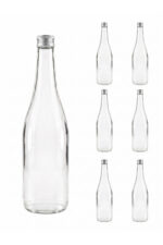 6 Adet Sızdırmaz Metal Gümüş Kapaklı Şeffaf Cam Süt Ayran Limonata Meşrubat Şişesi 1000 Ml