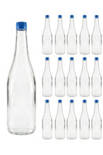 15 Adet Sızdırmaz Plastik Mavi Kapaklı Şeffaf Cam Süt Ayran Limonata Meşrubat Şişesi 1000 Ml