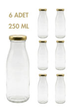 6 Adet Smoothie Şeffaf Yağdanlık Meşrubat, Limonata Şişesi Sürahi Gold Metal Kapaklı Boş Cam Şişe 250 ml