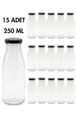 15 Adet Smoothie Şeffaf Yağdanlık Meşrubat, Limonata Şişesi Sürahi Siyah Metal Kapaklı Boş Cam Şişe 250 ml