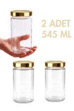 2 Adet Altın Rengi Derin Kapaklı Şeffaf Reçel Sos Konserve Fıstık Ezmesi Tahin Pekmez Cam Kavanozu 545 ML