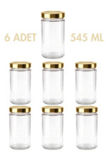 6 Adet Altın Rengi Derin Kapaklı Şeffaf Reçel Sos Konserve Fıstık Ezmesi Tahin Pekmez Cam Kavanozu 545 ML