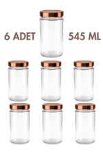 6 Adet Bronz Bakır Rengi Derin Kapaklı Şeffaf Reçel Sos Konserve Fıstık Ezmesi Tahin Pekmez Cam Kavanozu 545 ML