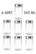 6 Adet Gümüş Rengi Derin Kapaklı Şeffaf Reçel Sos Konserve Fıstık Ezmesi Tahin Pekmez Cam Kavanozu 545 ML