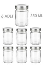 6 Adet Gümüş Rengi Derin Kapaklı Şeffaf Reçel Sos Konserve Fıstık Ezmesi Tahin Pekmez Cam Kavanozu 350 ML