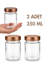 2 Adet Bronz Bakır Rengi Derin Kapaklı Şeffaf Reçel Sos Konserve Fıstık Ezmesi Tahin Pekmez Cam Kavanozu 350 ML