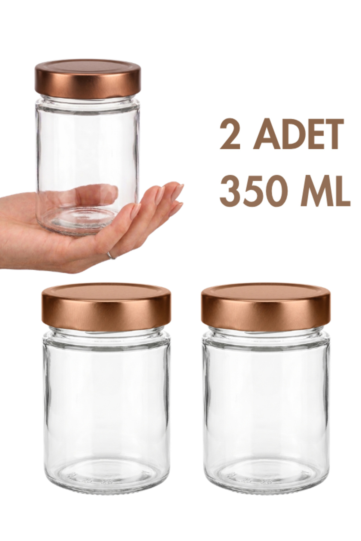 1_org_zoom 2 Adet Bronz Bakır Rengi Derin Kapaklı Şeffaf Reçel Sos Konserve Fıstık Ezmesi Tahin Pekmez Cam Kavanozu 350 ML - Görsel 1