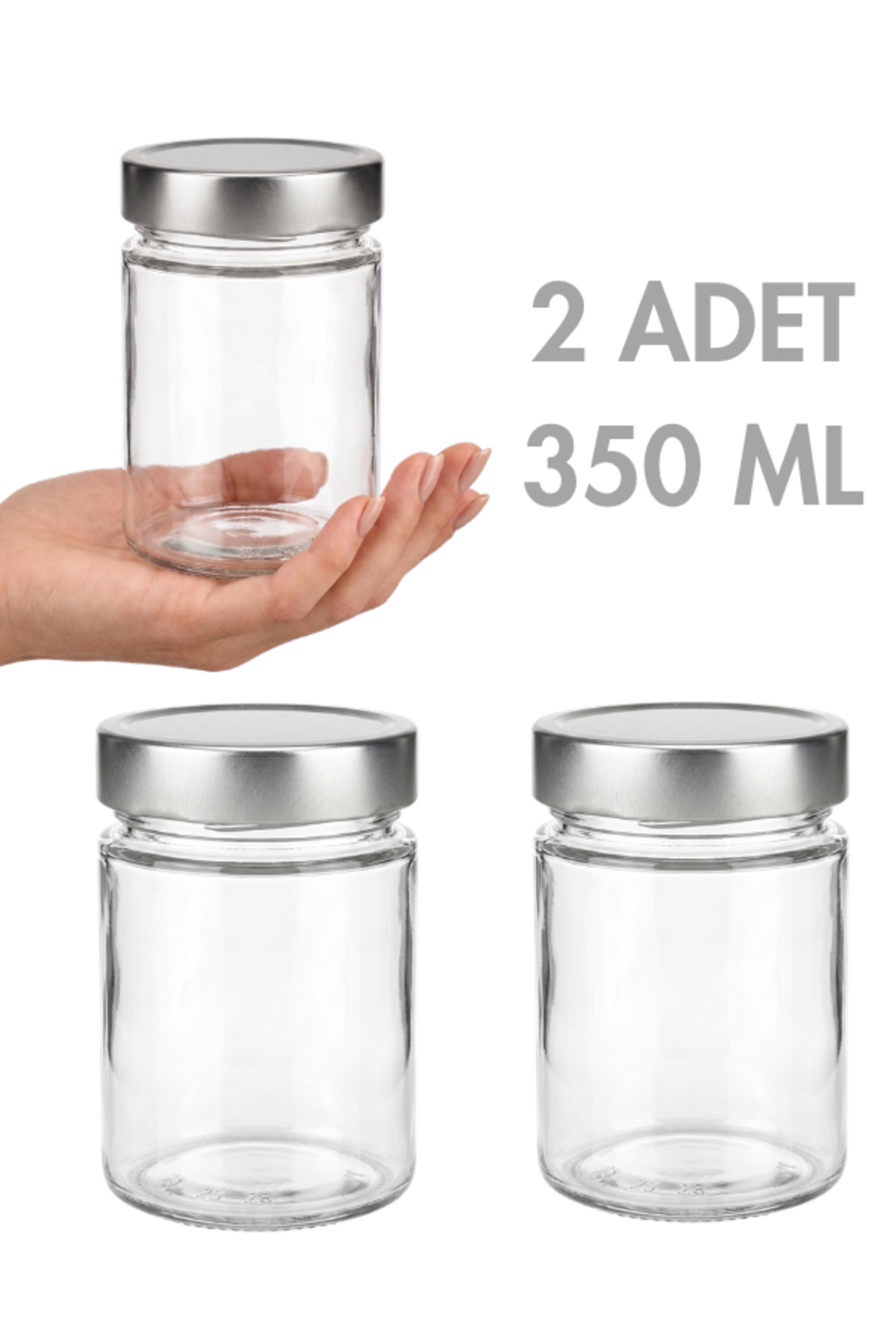 1_org_zoom 2 Adet Gümüş Rengi Derin Kapaklı Şeffaf Reçel Sos Konserve Fıstık Ezmesi Tahin Pekmez Cam Kavanozu 350 ML - Görsel 1