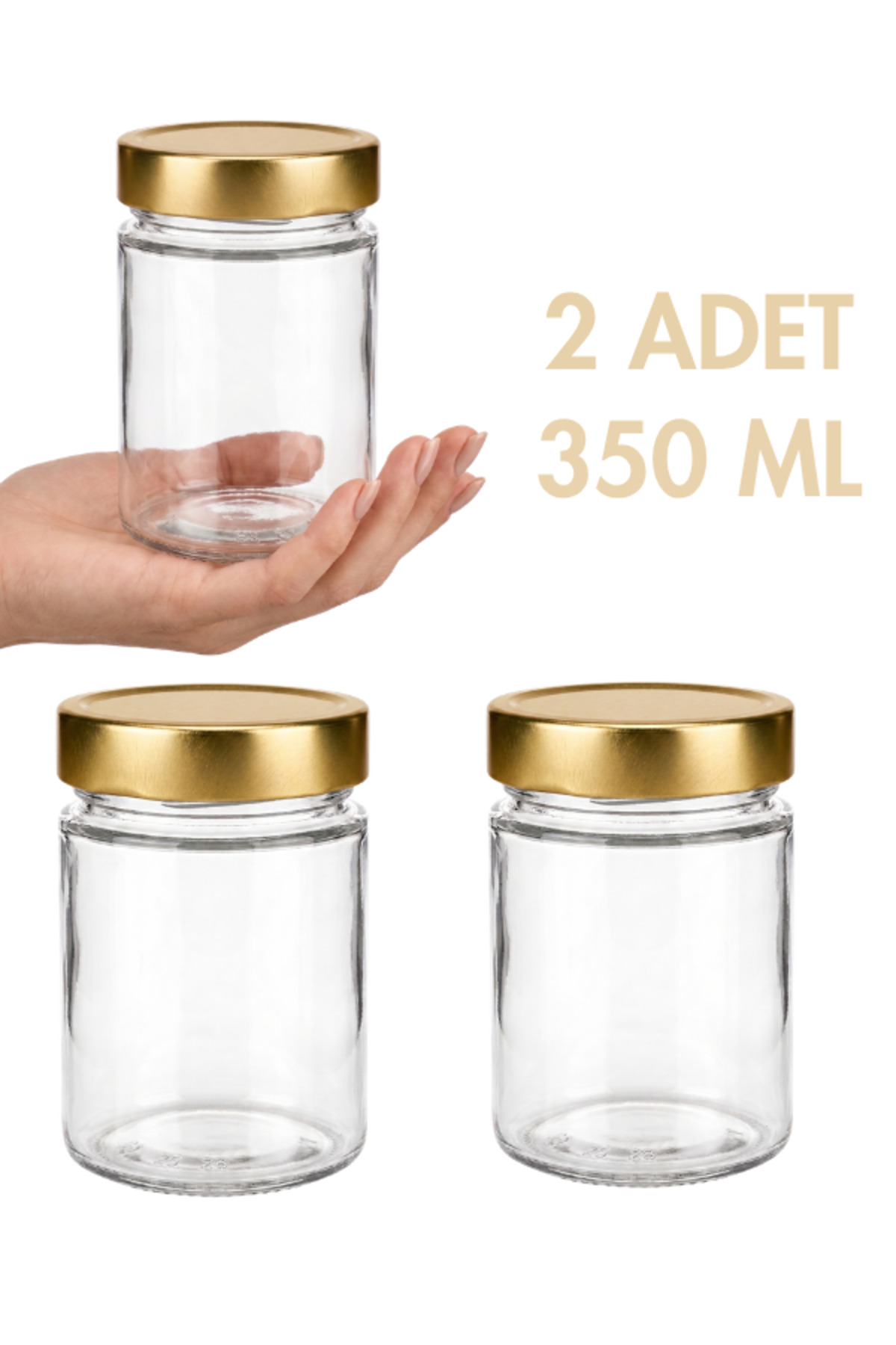 1_org_zoom 2 Adet Altın Rengi Derin Kapaklı Şeffaf Reçel Sos Konserve Fıstık Ezmesi Tahin Pekmez Cam Kavanozu 350 ML - Görsel 1