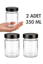 2 Adet Siyah Rengi Derin Kapaklı Şeffaf Reçel Sos Konserve Fıstık Ezmesi Tahin Pekmez Cam Kavanozu 350 ML