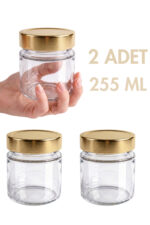 2 Adet Altın Rengi Derin Kapaklı Şeffaf Reçel Sos Konserve Fıstık Ezmesi Tahin Pekmez Cam Kavanozu 255 ML