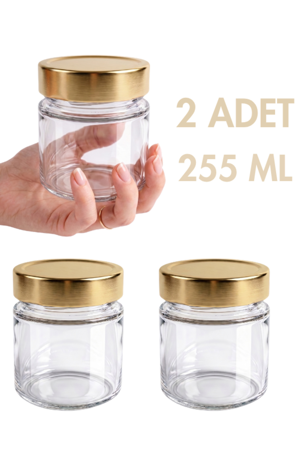 1_org_zoom 2 Adet Altın Rengi Derin Kapaklı Şeffaf Reçel Sos Konserve Fıstık Ezmesi Tahin Pekmez Cam Kavanozu 255 ML - Görsel 1