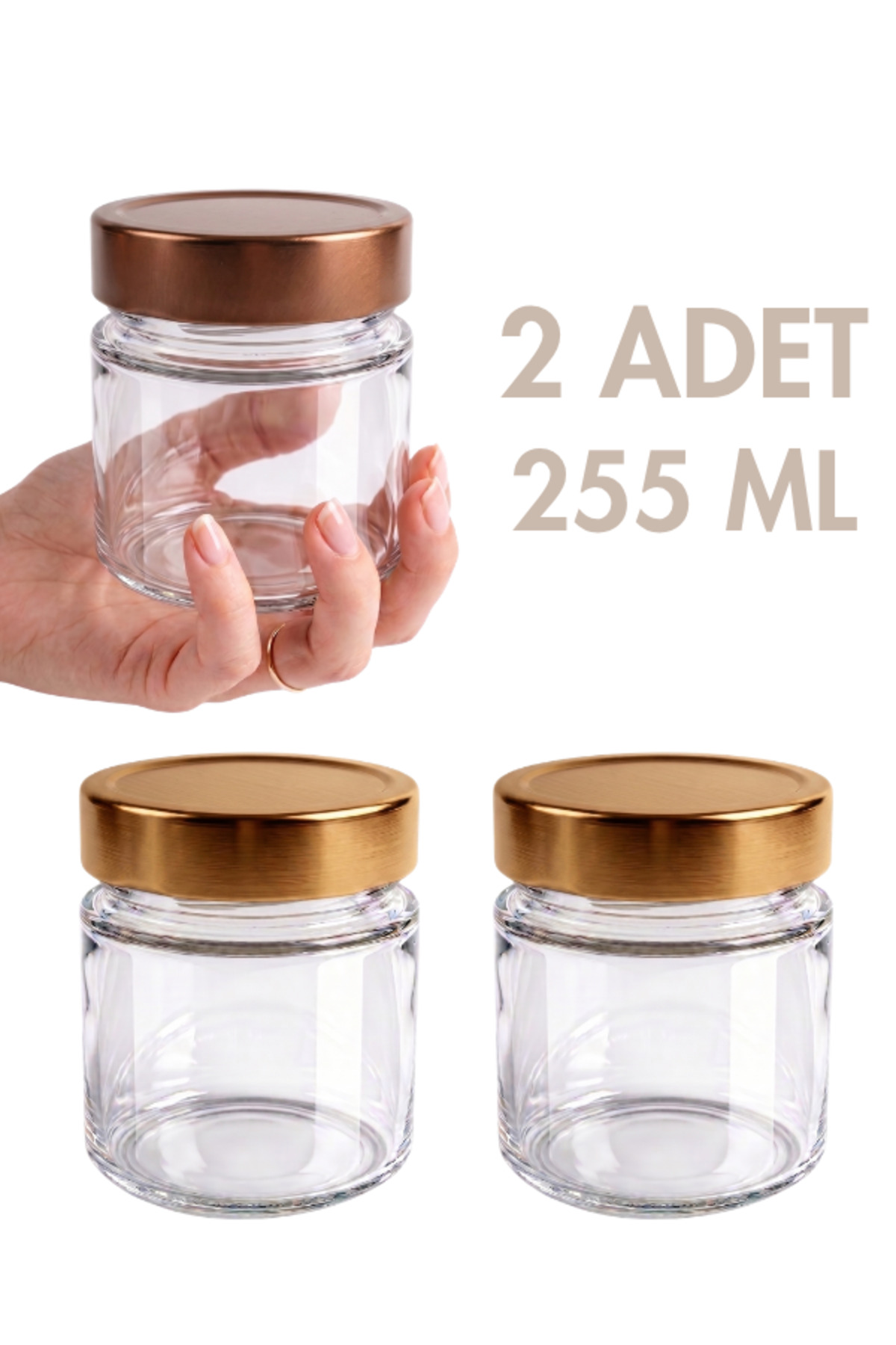 1_org_zoom 2 Adet Bakır Bronz Rengi Derin Kapaklı Şeffaf Reçel Sos Konserve Fıstık Ezmesi Tahin Pekmez Cam Kavanozu 255 ML - Görsel 1