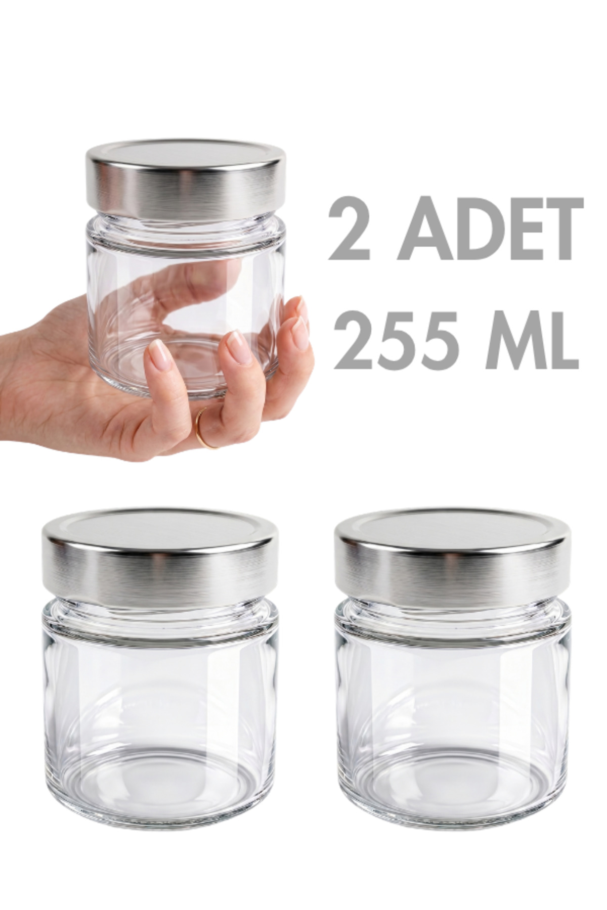 1_org_zoom 2 Adet Gümüş Rengi Derin Kapaklı Şeffaf Reçel Sos Konserve Fıstık Ezmesi Tahin Pekmez Cam Kavanozu 255 ML - Görsel 1