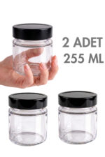 2 Adet Siyah Rengi Derin Kapaklı Şeffaf Reçel Sos Konserve Fıstık Ezmesi Tahin Pekmez Cam Kavanozu 255 ML