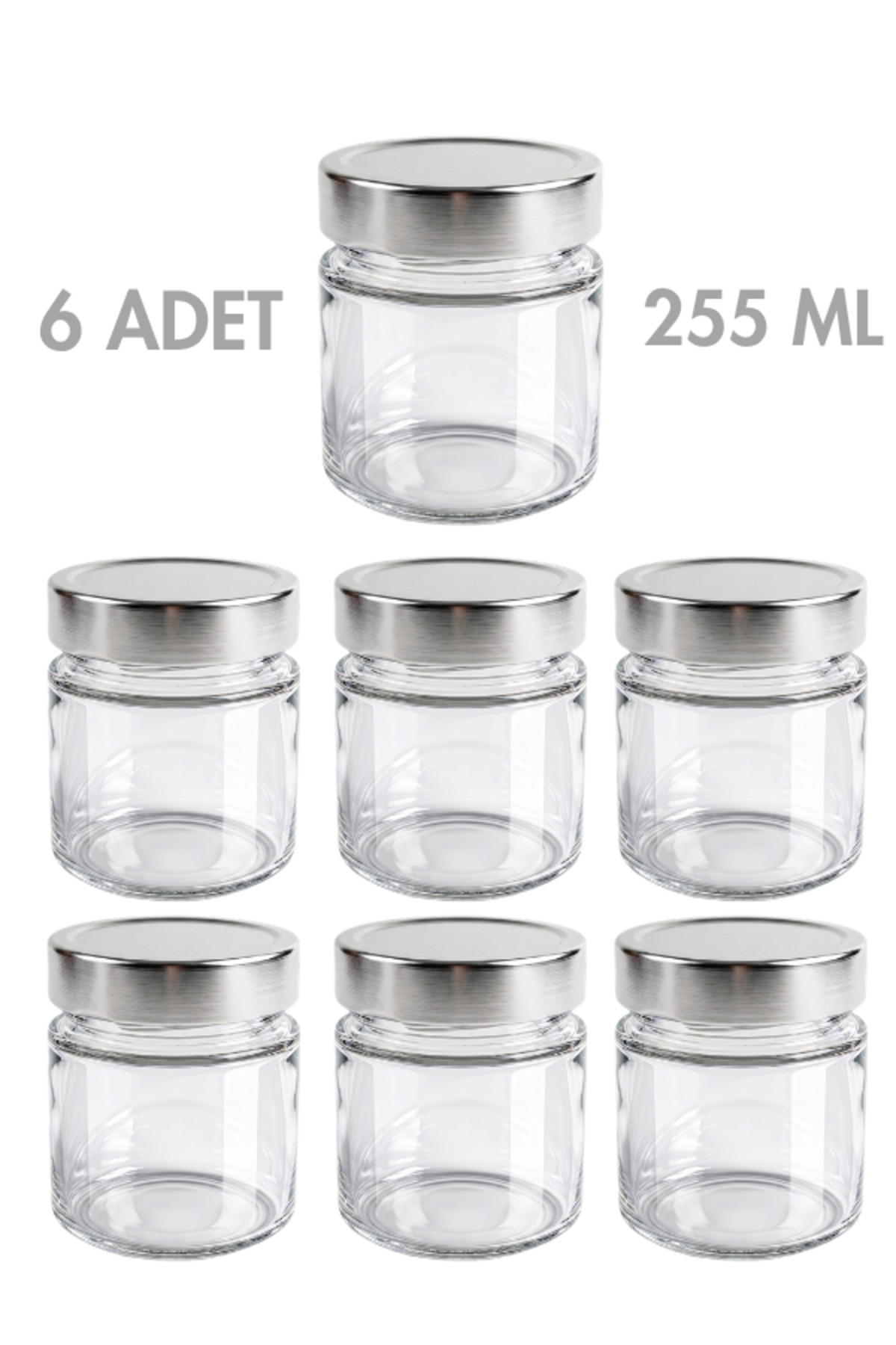 1_org_zoom 6 Adet Gümüş Rengi Derin Kapaklı Şeffaf Reçel Sos Konserve Fıstık Ezmesi Tahin Pekmez Cam Kavanozu 255 ML - Görsel 1