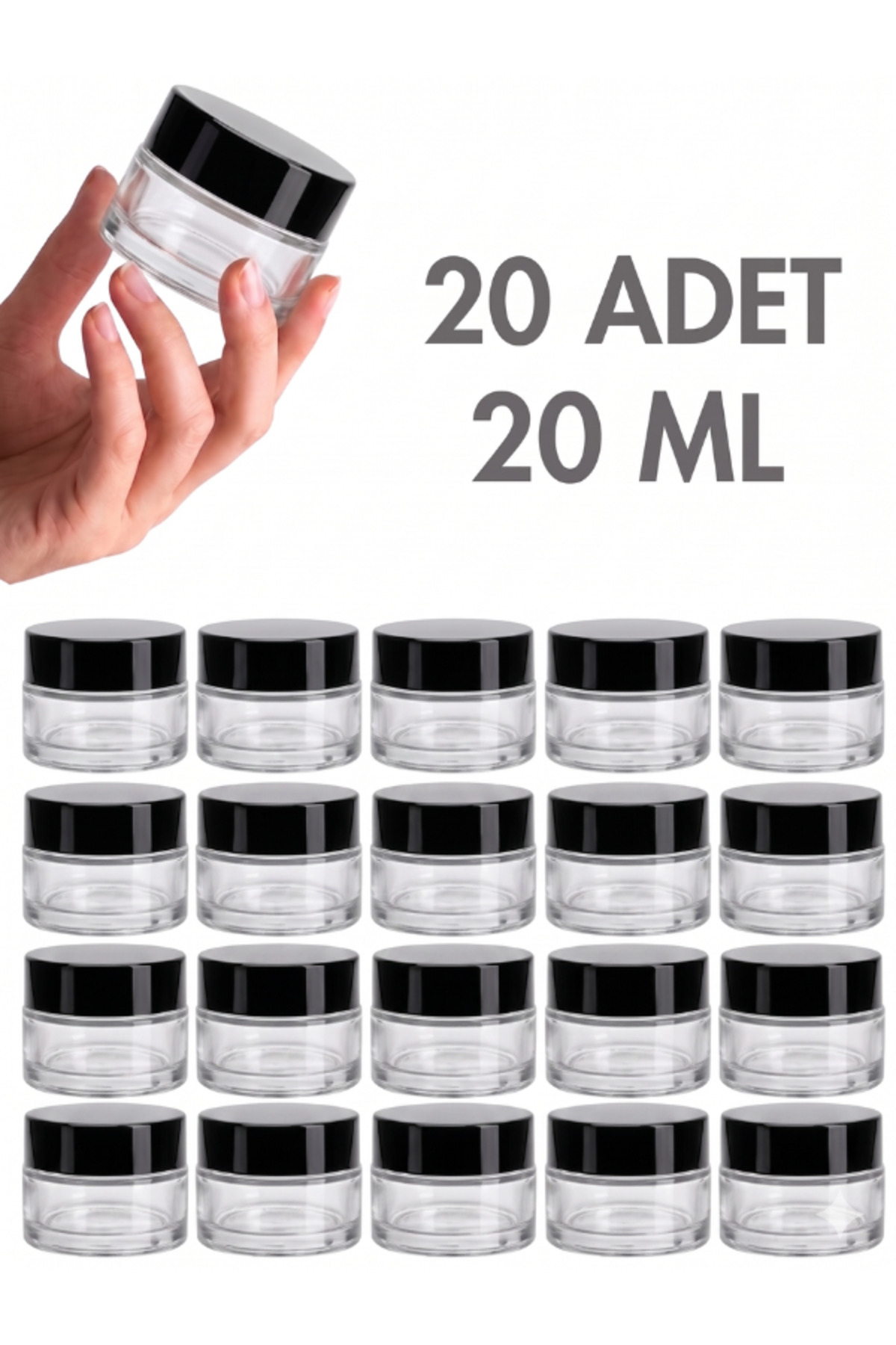1_org_zoom 20 Adet Siyah Parlak Kapaklı Şeffaf Dudak Bakımı Krem Kozmetik El Bakım Seyahat Cam Kavanozu 20 ML - Görsel 1