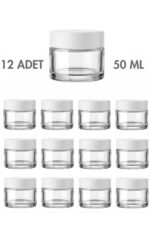12 Adet Beyaz Kapaklı Parlak Beyaz Cam Lip Sleeping Krem Kozmetik El Bakım Seyahat Kavanozu 50 ML
