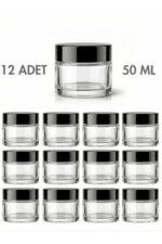 12 Adet Siyah Kapaklı Parlak Beyaz Cam Lip Sleeping Krem Kozmetik El Bakım Seyahat Kavanozu 50 ML