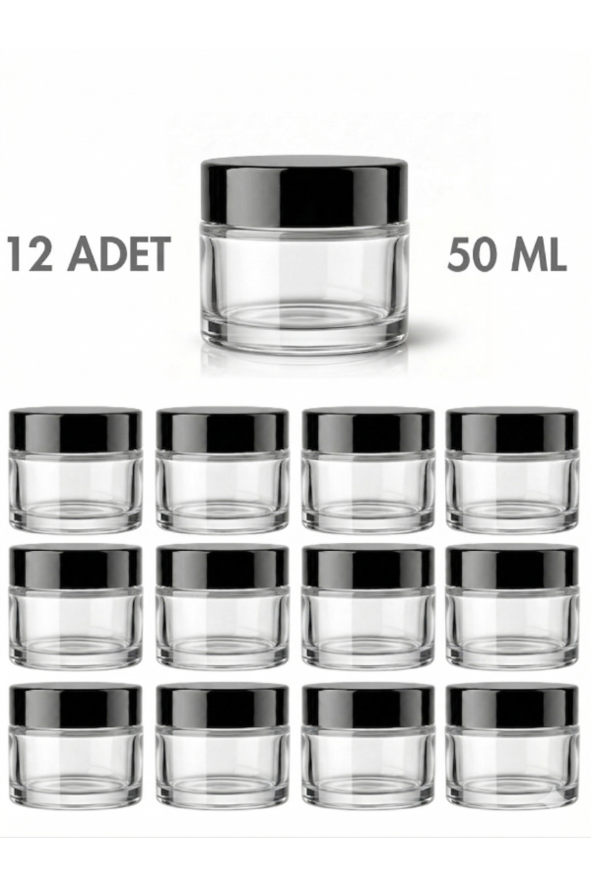 1_org_zoom 12 Adet Siyah Kapaklı Parlak Beyaz Cam Lip Sleeping Krem Kozmetik El Bakım Seyahat Kavanozu 50 ML - Görsel 1