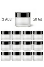 12 Adet Siyah Kapaklı Buzlu Beyaz Cam Lip Sleeping Krem Kozmetik El Bakım Seyahat Kavanozu 50 ML