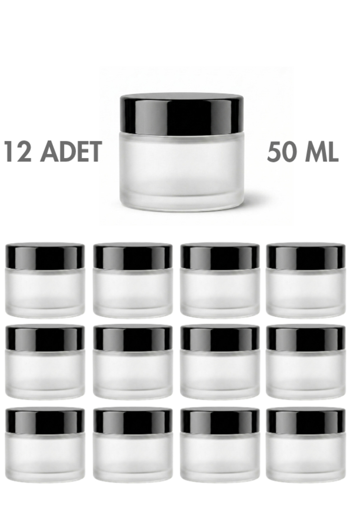 1_org_zoom 12 Adet Siyah Kapaklı Buzlu Beyaz Cam Lip Sleeping Krem Kozmetik El Bakım Seyahat Kavanozu 50 ML - Görsel 1