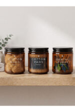 3'lü Amber Cam Metal Kapaklı Düzenleyici Kulak Pamuğu Diş İpi Banyo Organizer Seti – COTTON BUDS & COTTON PADS & DENTAL FLOSS Yazılı/ 270 ML