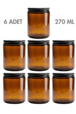 6 Adet Metal Siyah Kapaklı Amber Cam Mumluk Krem Oda Kokusu Kavanozu 270 ML