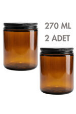 2 Adet Metal Siyah Kapaklı Amber Cam Mumluk Krem Oda Kokusu Kavanozu 270 ML