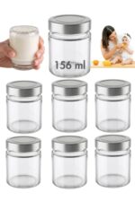 6 Adet Gümüş Metal Derin Kapaklı Şeffaf Cam Bebek Mama Kabı Mumluk Reçel Kavanozu 156 ml