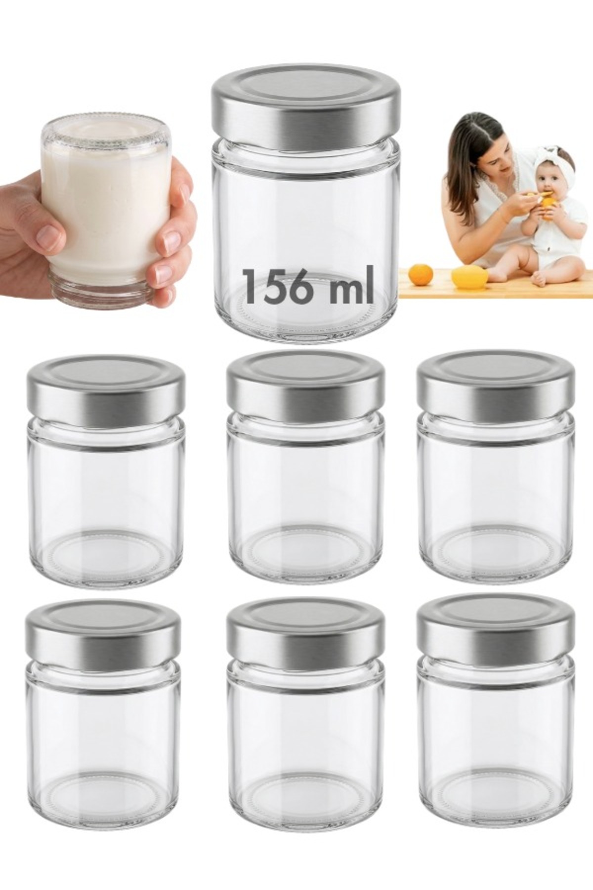 1_org_zoom 6 Adet Gümüş Metal Derin Kapaklı Şeffaf Cam Bebek Mama Kabı Mumluk Reçel Kavanozu 156 ml - Görsel 1