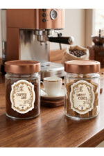 2'li Şeffaf Cam Bakır Bronz Kapaklı Kahve ve Şeker Kavanozu Mutfak Organizer Kahve Köşesi Seti–Coffee Jar&Sweet Cubes Yazılı Suya Dayanıklı Etiketli–Ahşap Kaşıklı 2'li Set-350 ml