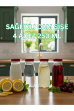 4 ADET Şeffaf Sürahi Süt, Ayran,Limonata, Meşrubat Şişesi 250 ML Kırmızı Plastik Kapaklı Cam Şişe