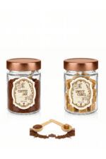 2'li Şeffaf Cam Bakır Bronz Kapaklı Kahve ve Şeker Kavanozu Mutfak Organizer Kahve Köşesi Seti–Coffee Jar&Sweet Cubes Yazılı Suya Dayanıklı Etiketli–Ahşap Kaşıklı 2'li Set-350 ml - Görsel 2