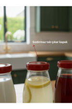 4 ADET Şeffaf Sürahi Süt, Ayran,Limonata, Meşrubat Şişesi 250 ML Kırmızı Plastik Kapaklı Cam Şişe - Görsel 2