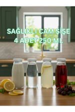 4 ADET Şeffaf Sürahi Süt, Ayran, Limonata, Meşrubat Şişesi 250 ML Beyaz Plastik Kapaklı Cam Şişe
