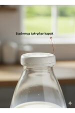 4 ADET Sürahi Süt, Ayran,Limonata, Meşrubat Şişesi Beyaz Plastik Kapaklı 1000 ml Şeffaf Cam Şişe - Görsel 3