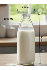 4 ADET Sürahi Süt, Ayran,Limonata, Meşrubat Şişesi Beyaz Plastik Kapaklı 1000 ml Şeffaf Cam Şişe - Görsel 4