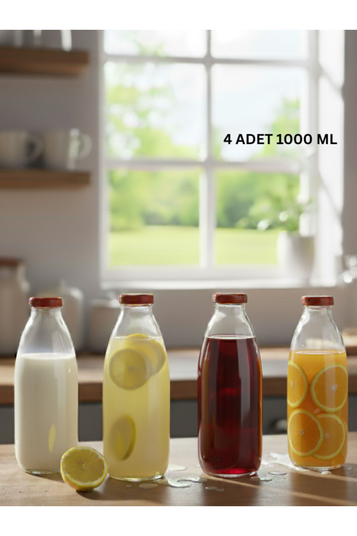 1_org_zoom 4 ADET Sürahi Süt, Ayran,Limonata, Meşrubat Şişesi Kırmızı Plastik Kapaklı 1000 ml Şeffaf Cam Şişe - Görsel 1