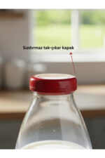 4 ADET Sürahi Süt, Ayran,Limonata, Meşrubat Şişesi Kırmızı Plastik Kapaklı 1000 ml Şeffaf Cam Şişe - Görsel 3
