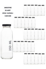 30 Adet Smoothie Şeffaf Meyve Suyu,Meşrubat, Limonata Şişesi Metal Kapaklı Boş Cam Şişe 250 ml