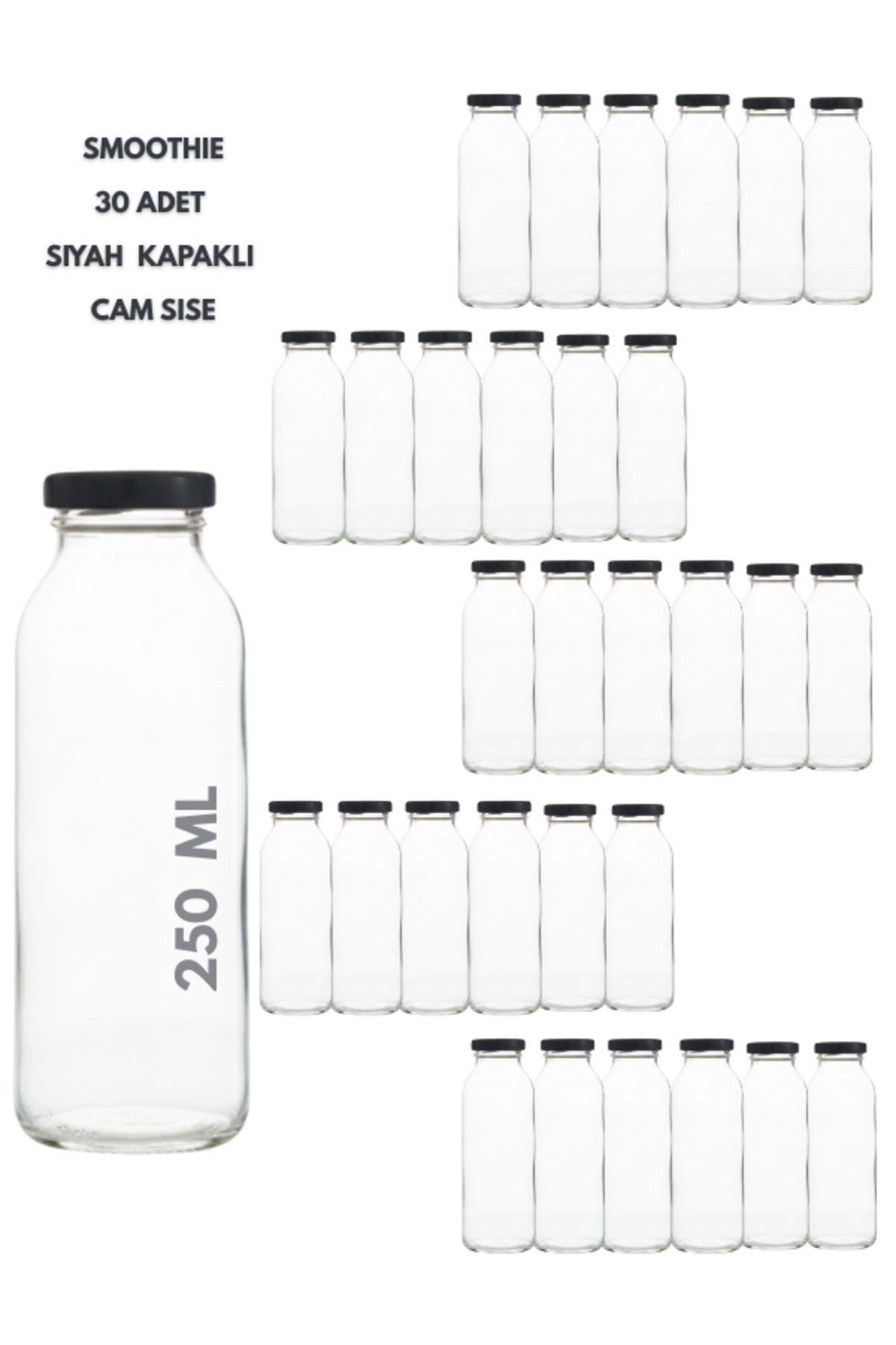1_org_zoom 30 Adet Smoothie Şeffaf Meyve Suyu,Meşrubat, Limonata Şişesi Metal Kapaklı Boş Cam Şişe 250 ml - Görsel 1