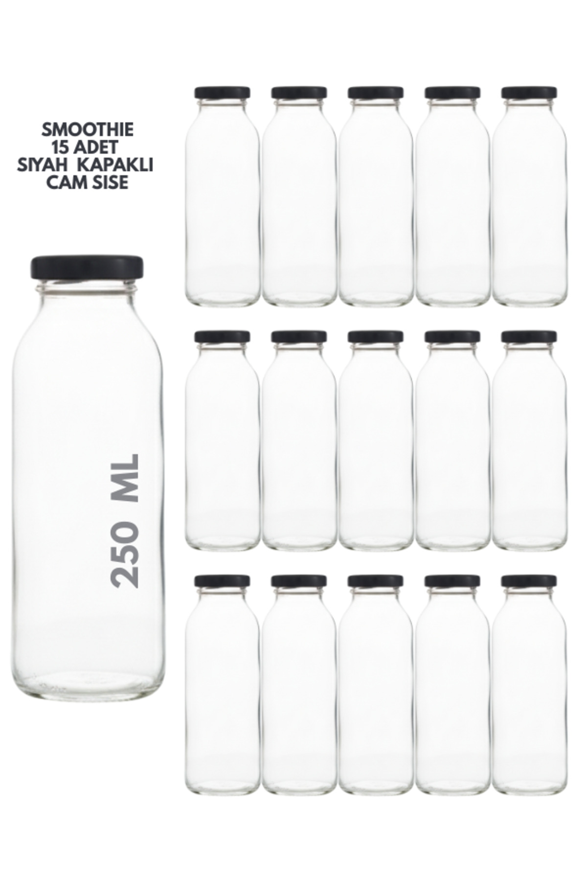1_org_zoom 15 Adet Smoothie Şeffaf Meyve Suyu,Meşrubat, Limonata Şişesi Metal Kapaklı Boş Cam Şişe 250 ml - Görsel 1