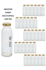 30 Adet Smoothie Şeffaf Meyve Suyu, Meşrubat,Limonata Şişesi Gold Kapaklı Boş Cam Şişe 250 ml