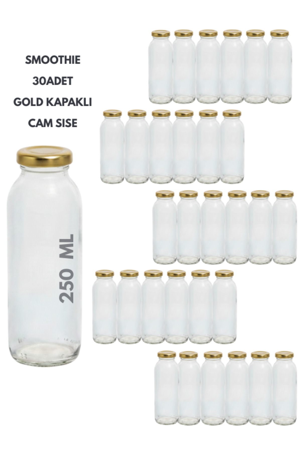1_org_zoom 30 Adet Smoothie Şeffaf Meyve Suyu, Meşrubat,Limonata Şişesi Gold Kapaklı Boş Cam Şişe 250 ml - Görsel 1