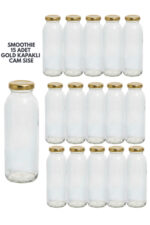 15 Adet Smoothie Şeffaf Meyve Suyu, Meşrubat, Limonata Şişesi Gold Kapaklı Boş Cam Şişe 250 ml