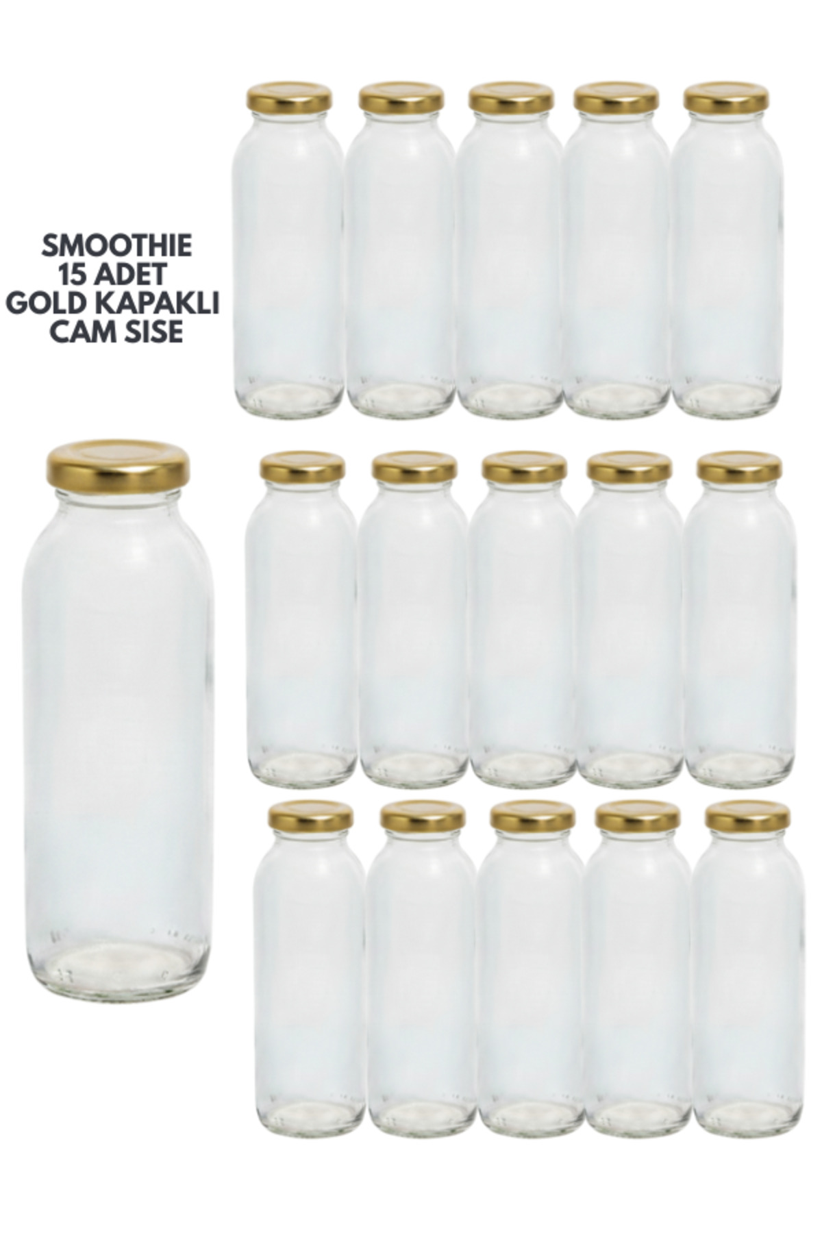 1_org_zoom 15 Adet Smoothie Şeffaf Meyve Suyu, Meşrubat, Limonata Şişesi Gold Kapaklı Boş Cam Şişe 250 ml - Görsel 1